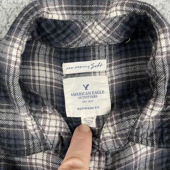 American Eagle Amazingly Soft Boyfriend Fit Flannel Shirt M Black White Plaid - Picture 2 of 7